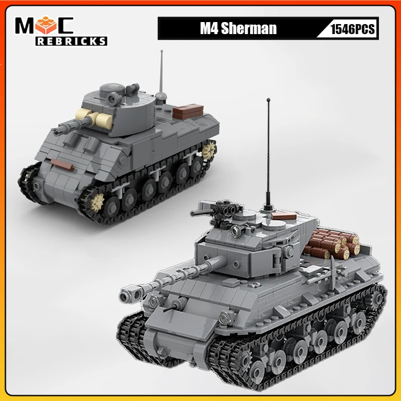 

MOC WWII US Military Series M4A3E8 Sherman Medium Tracked Armored Tank Building Blocks DIY Model Puzzle Bricks Toys Xmas Gifts