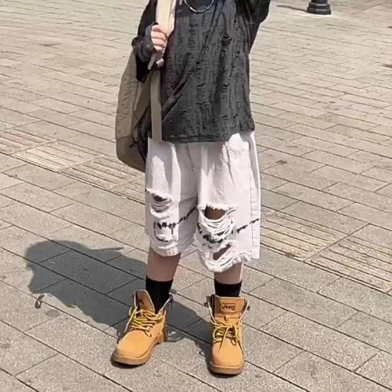 Boys' Summer Distressed Denim Shorts 5 Inch Lightweight Korean Japanese Streetwear Hippy Drip Art Jeans​