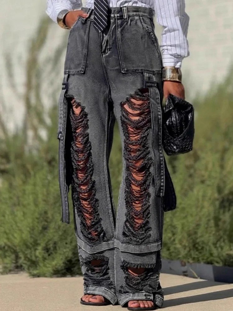 

Women High Waist Wide Leg Pants Shiny Straight Pants Long Jeans Casual Trendy Trousers 2025 Autumn Winter New Denim Trousers