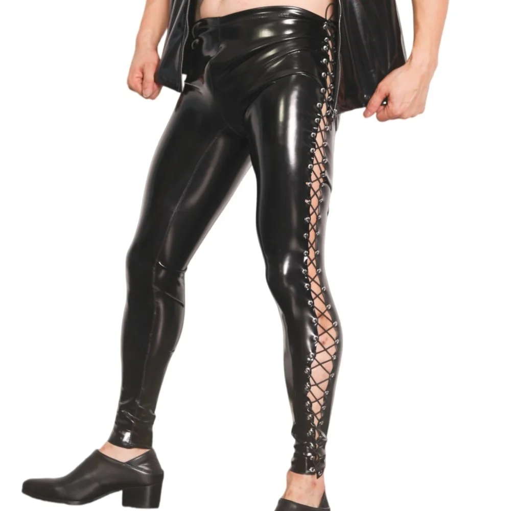 Men Wetlook Faux Latex Leggings Side Lace‑Up Eyelet Stretchy Slim Pants Double‑Sided Wearable Shiny Trousers Club Party Cosplay