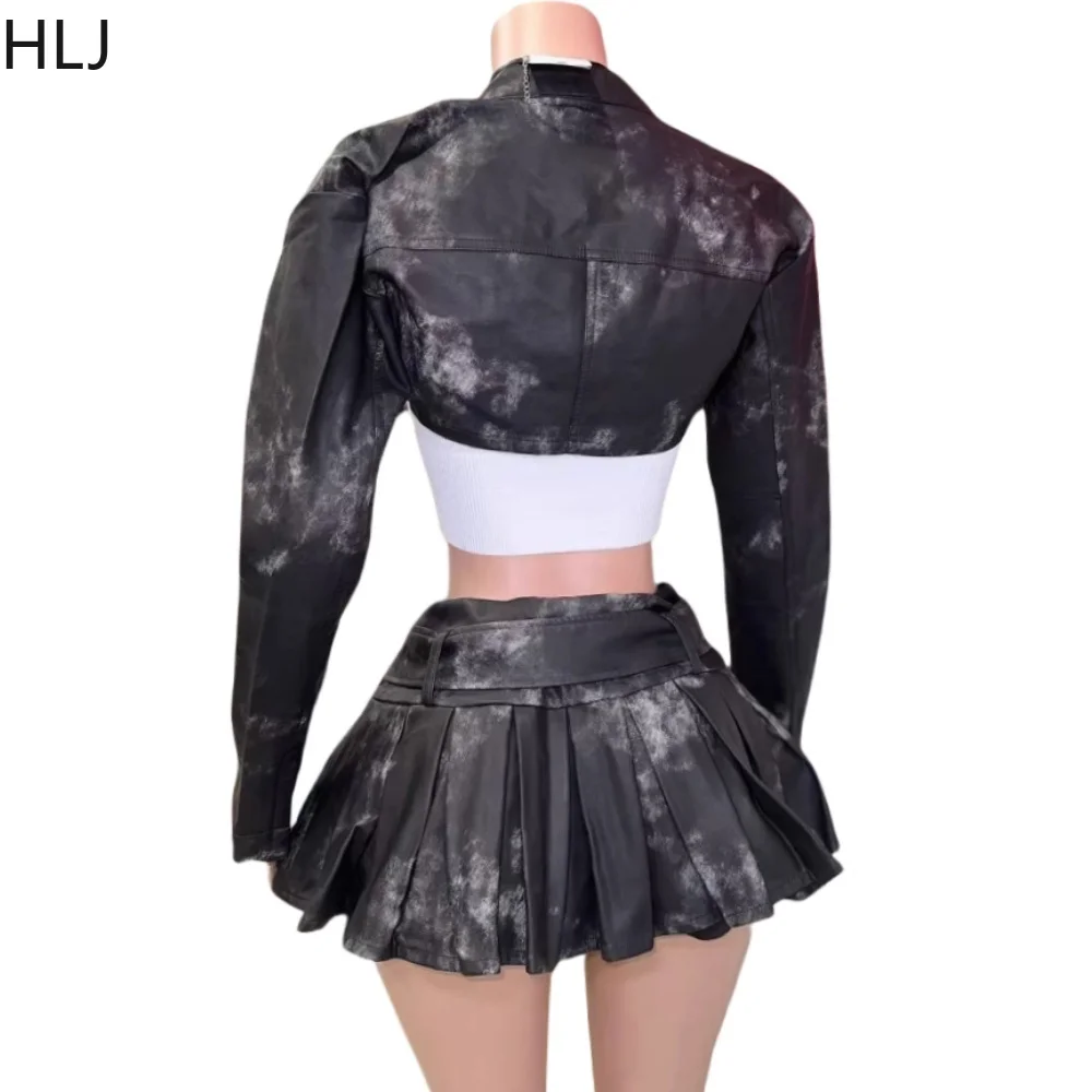 HLJ Balck Fashion Punk Rock Leather Two Piece Sets Women Button Long Sleeve Crop Jacket + Belt Pleated Skirts Outfits Streetwear