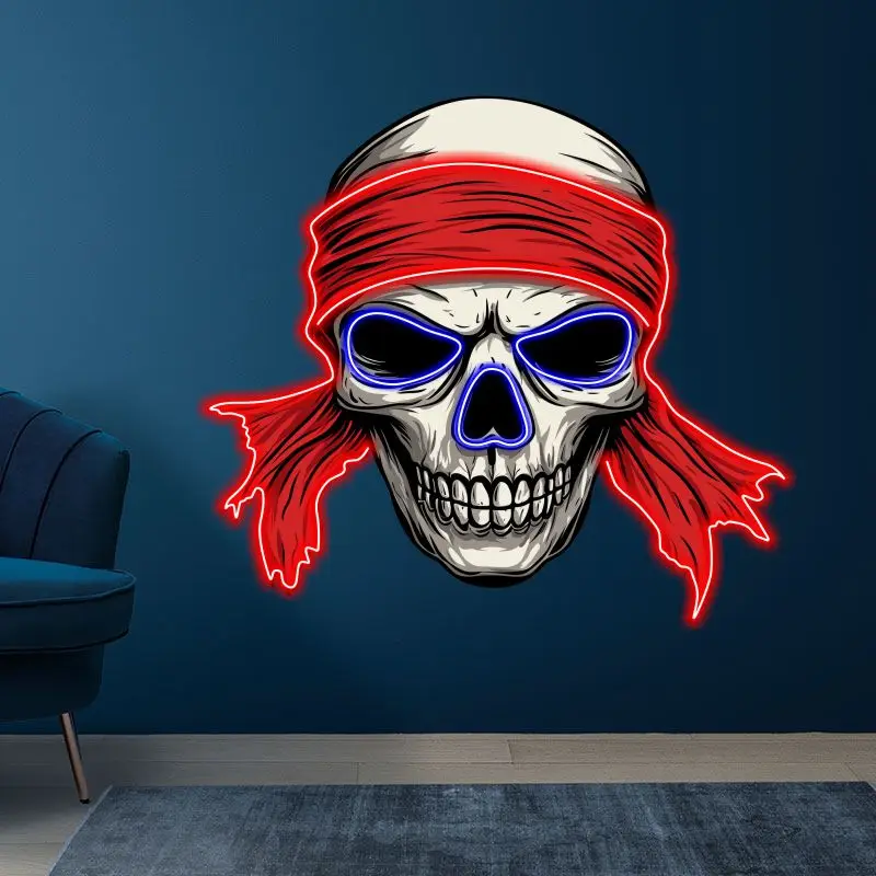 Skull With Red Turban Neon Sign, Creative Wall Hanging Neon Light, Whimsical Halloween Decor Light