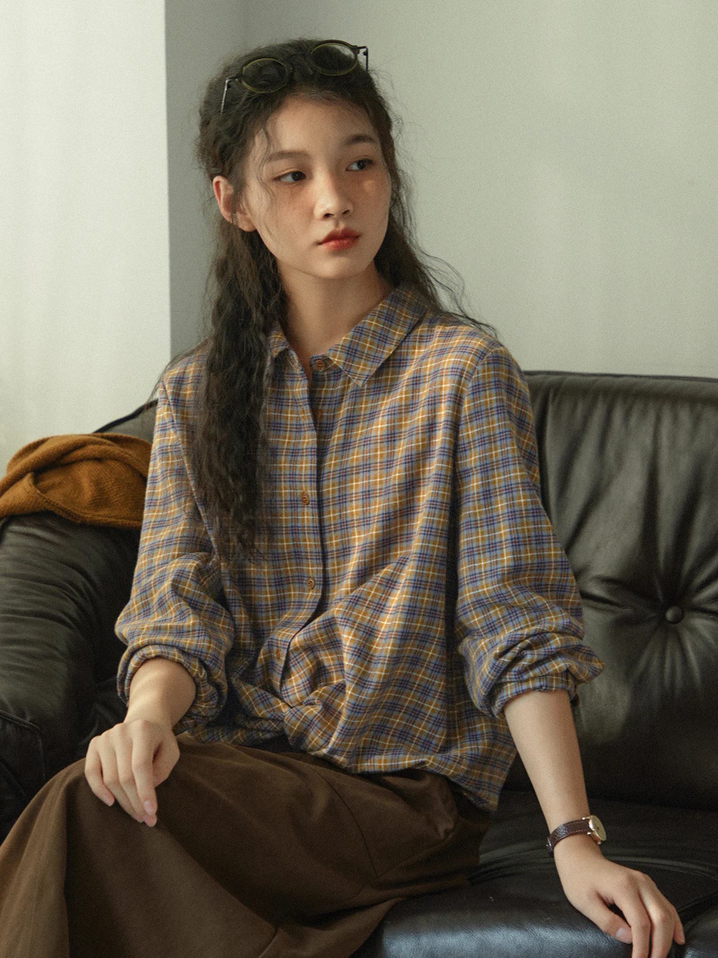 

Original Pure Cotton Plaid irt Women's Casual Loose Long Sve Top for Commuting Autumn Season Versatile Comfortable Breat...