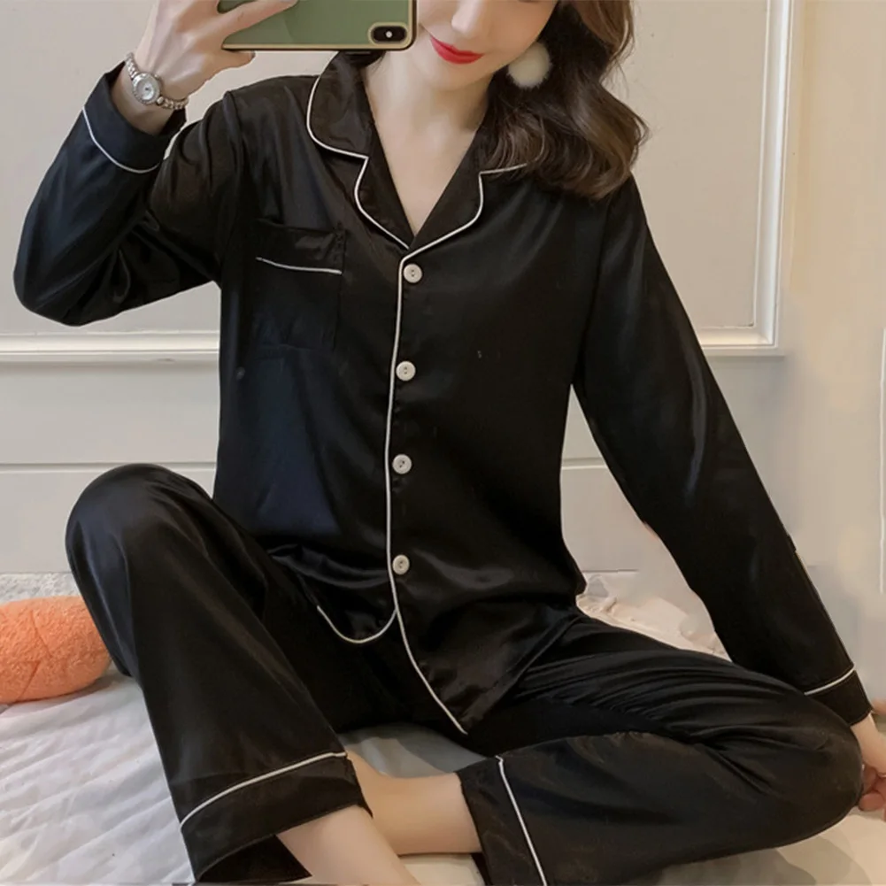 Women Long Sleeve Pajama Set Comfortable Lapel Top And Pants Solid Nightwear Summer Casual Loungewear Female Home Sleep Wear