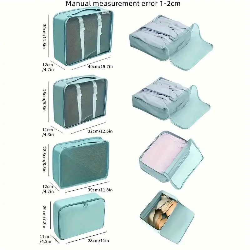 مجموعة تخزين للسفر مكونة من 7 قطع مع مكعبات تغليف متينة من البوليستر، تتميز بمقتبسات ملهمة، بما في ذلك مساحة للملابس