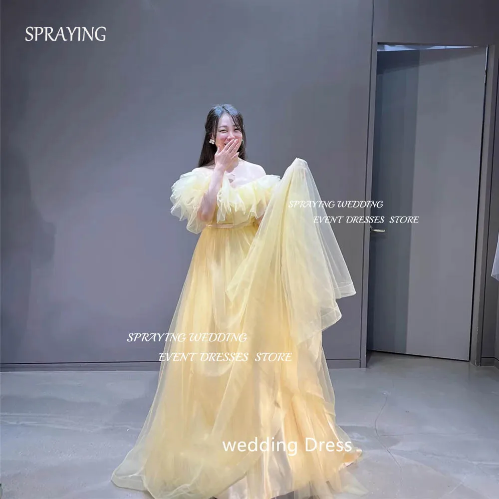 

SPRAYING Korea Fairy Dress Off Shoulder Wedding Dress A Line Short Sleeve Bridal Gown Long Tulle Photo Shoot Corset Back 웨딩드레스