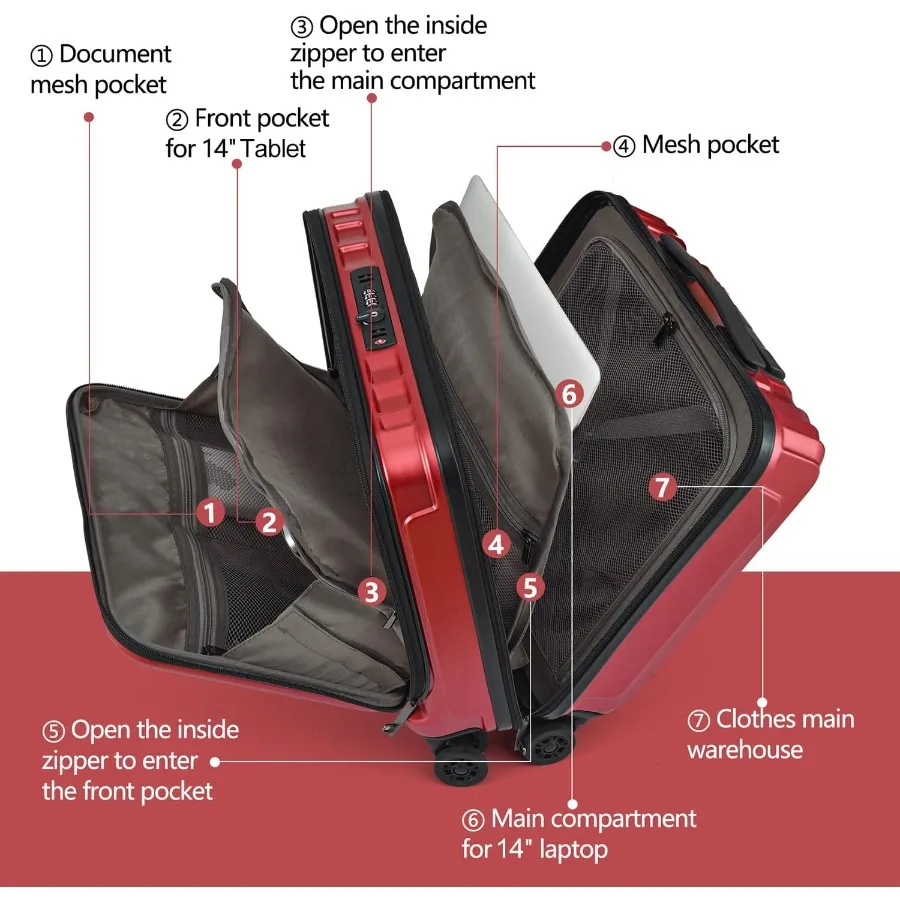 TydeCkare 16 Zoll Handgepäck mit 2 Laptopfächern, leichter Hartschalen-ABS+PC-Koffer mit Dual-Control-TSA-Schloss mit