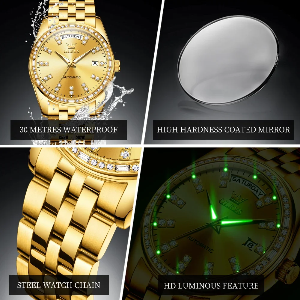 OLEVS New Luxury Top Brand orologio automatico per uomo Diamond Waterproof Week Calendar Dial orologio da polso meccanico reloj de hombre