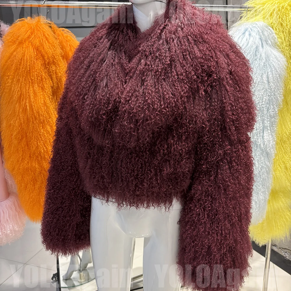 YOLOAgain 2025 Autumn Winter Warm Turn-Down Collar Real Mongolia Sheep Fur Jacket Coat Women Short Black Sheep Fur Jacket Female