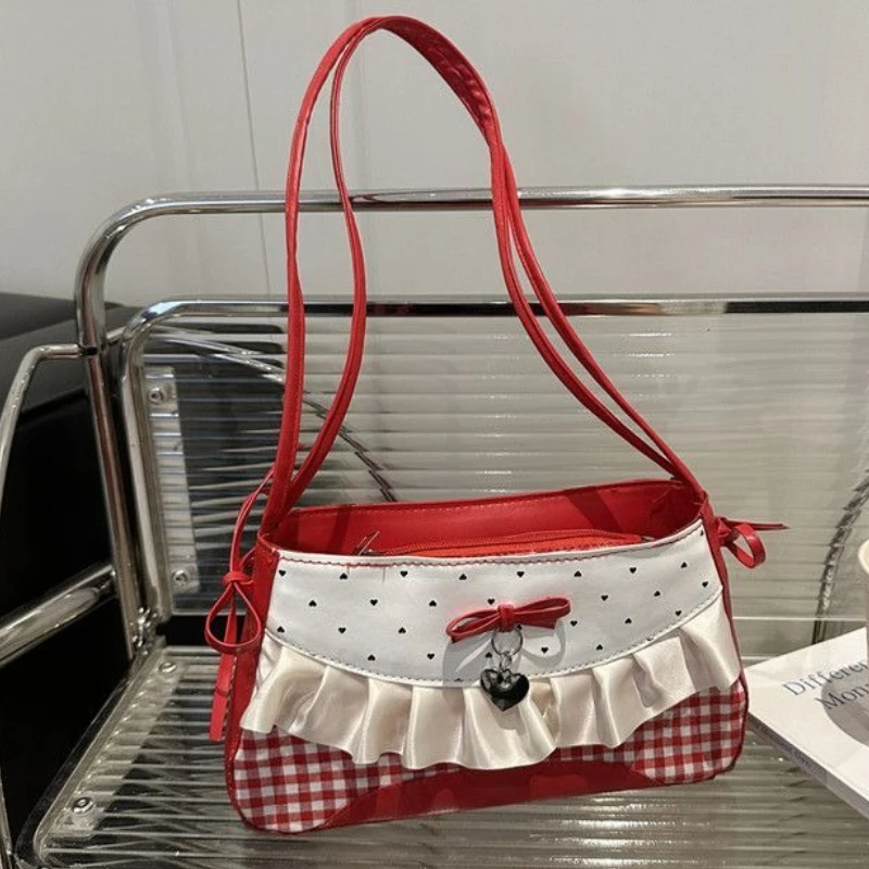 

Japanese Cute Bow Plaid Lace Kawaii Crossbody Bag Large Capacity Shoulder Bags Lipstick Wallet Storage Bag Women's Bags Purse