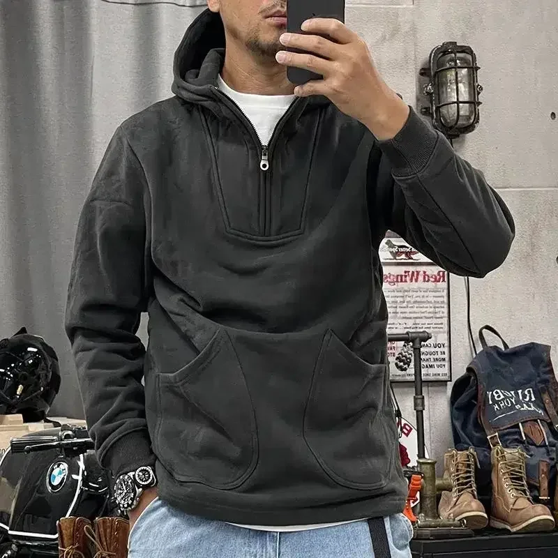 

Sweatshirt For Men Hoodies Casual Male Clothes Aesthetic Solid Hooded Half Zip One Piece 90s Vintage Korean Style Low Price Emo