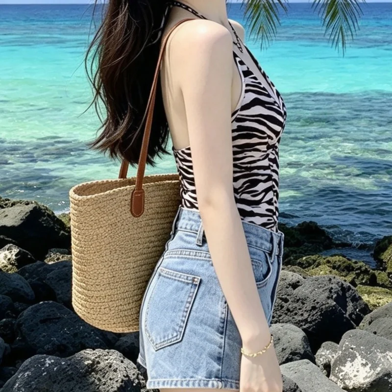Women Y2K Zebra Striped Halter Dress Backless Asymmetrical Hem Sleeveless Streetwear Mini Dress