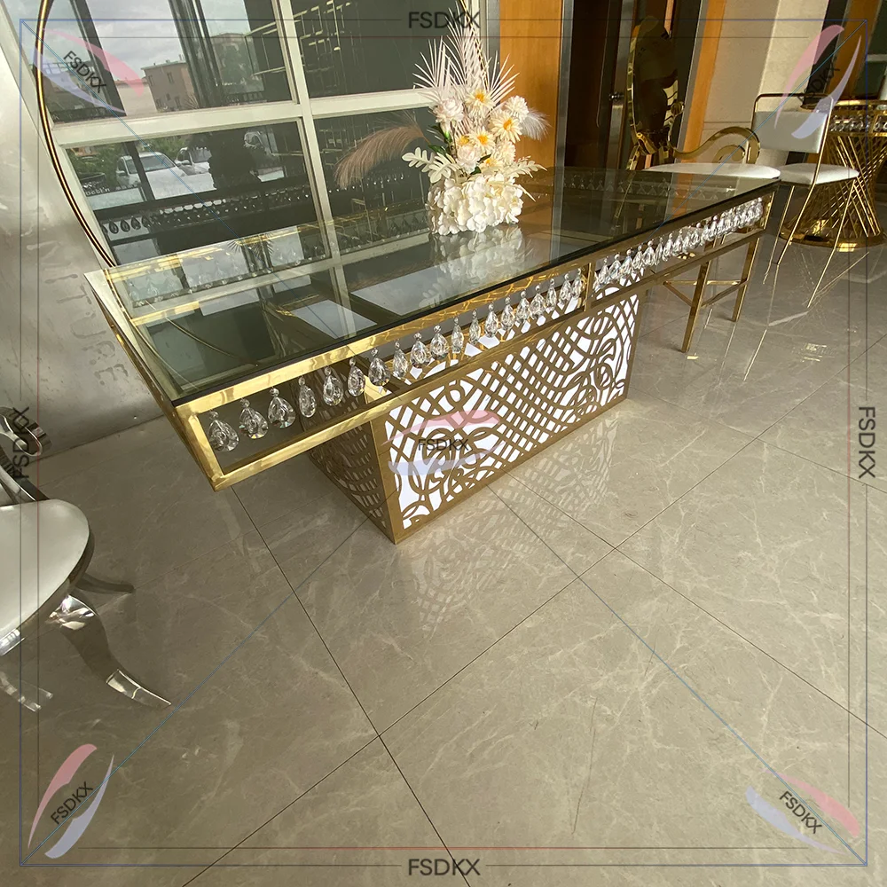 New Design Luxury Crystal Metal Stainless Steel With Glass Top Crystal Dining Square Table for Wedding Events