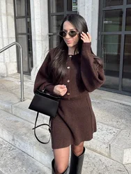 HH Women Skirt Suit Autumn O-Neck Knitted Long Sleeve Single Breasted Pocket Slim Cardigan+Fashion Elastic Waist Mini Skirt