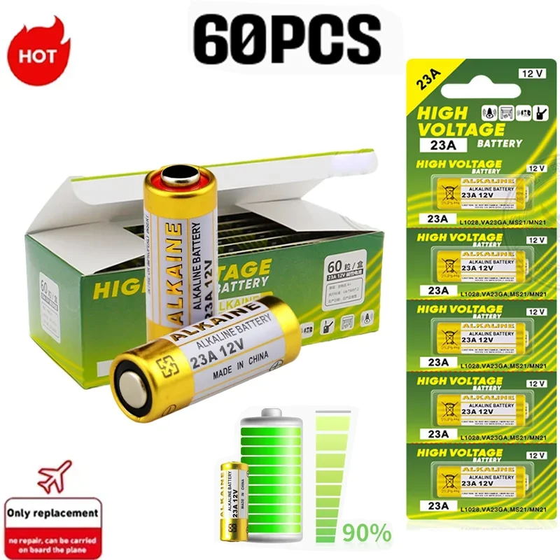 New60PCS 12V A23 Alkaline Battery 23A 23GA A23S E23A EL12 MN21 MS21 V23GA L1028 GP23A LRV08 Dry Cell for Remote Control Doorbell