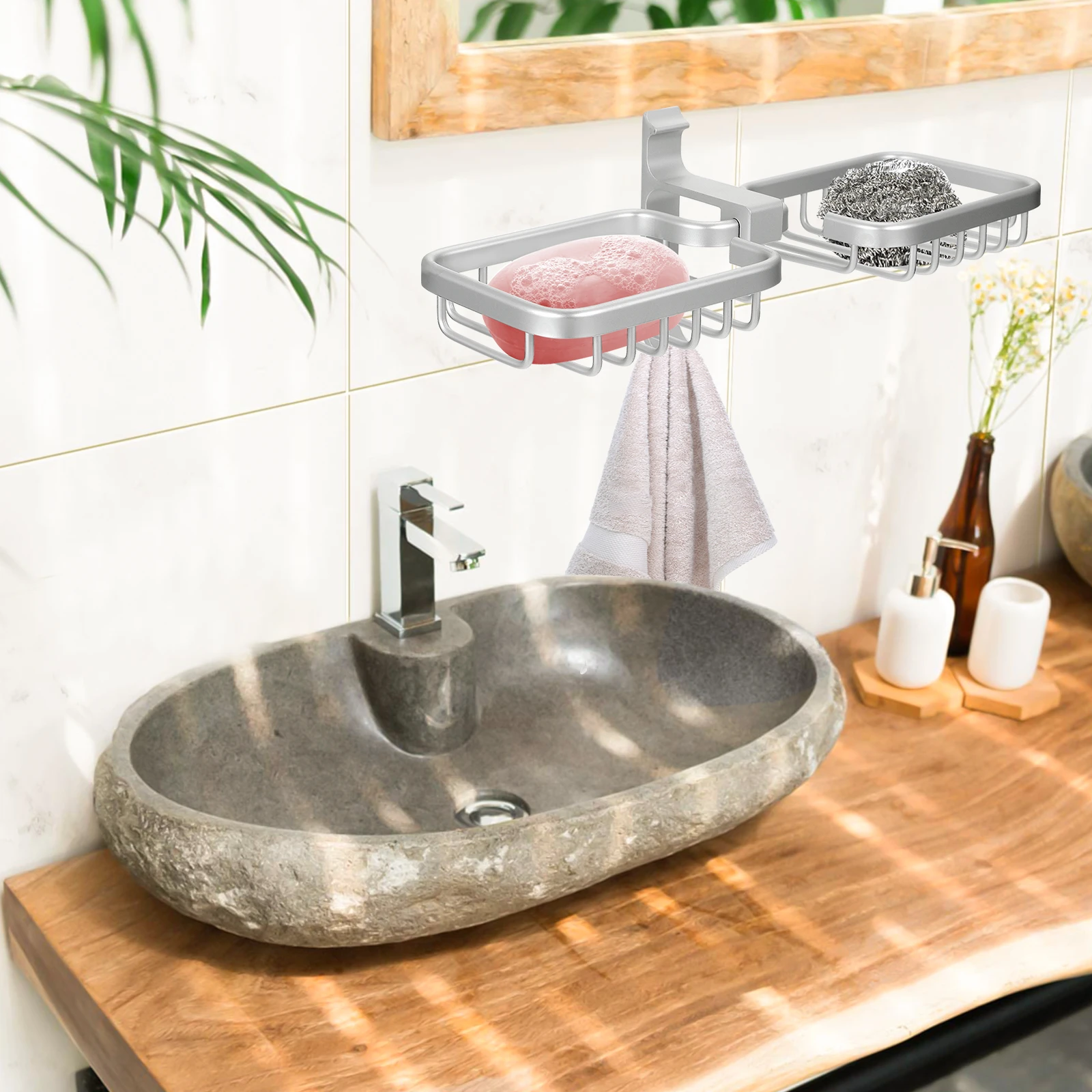 Estante de almacenamiento de jabón, soporte montado en la pared de aluminio espacial, soporte adhesivo extraíble, ganchos negros, práctico uso en baño y cocina