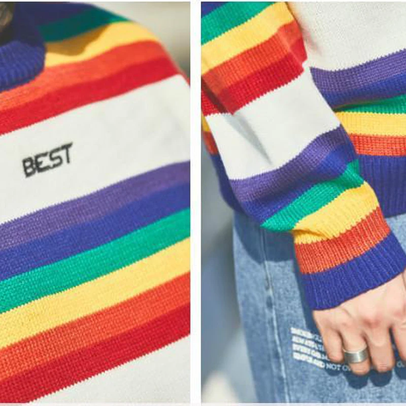 Hip Hop Harajuku Knitted Sweaters Men Colorful Striped Pullover 2024 Autumn Men Fashion Knitwear Sweater Streetwear Male Clothes