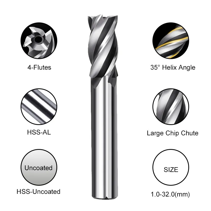 YIFINO 4-Flutes High Hardness White Steel Straight Shank End Mill For CNC Machine Tools Metal Processing HSS Milling Cutter