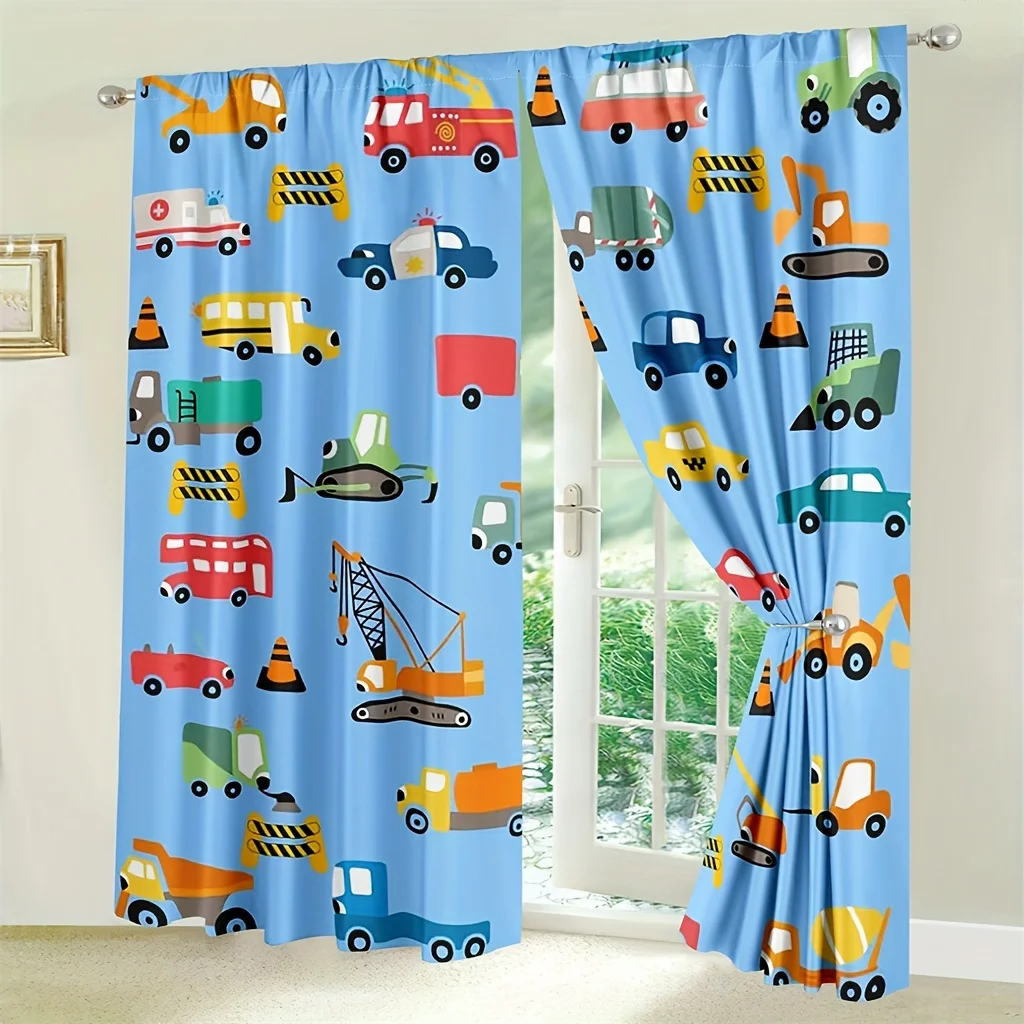 Cartoon Construction Curtains 2pcs – Bulldozer Excavator Truck Print, Semi-Sheer Boys Room Living Room Decor