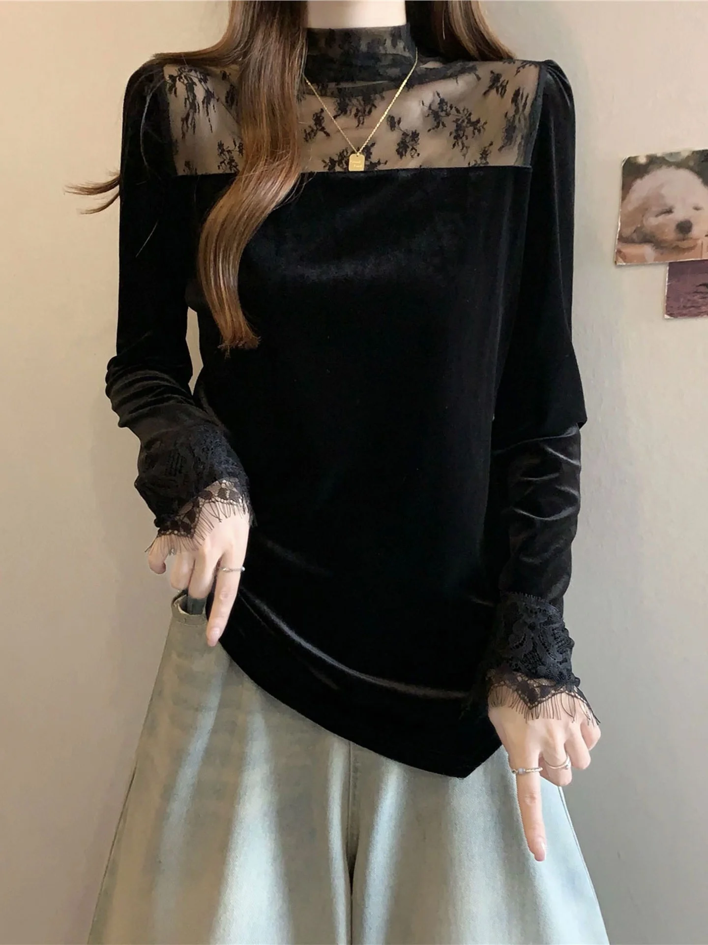 

Ele Lace Me Long Sve Sweatirt Women's plus Size Slimming Base irt Top f High Collar Korean Sle Commute