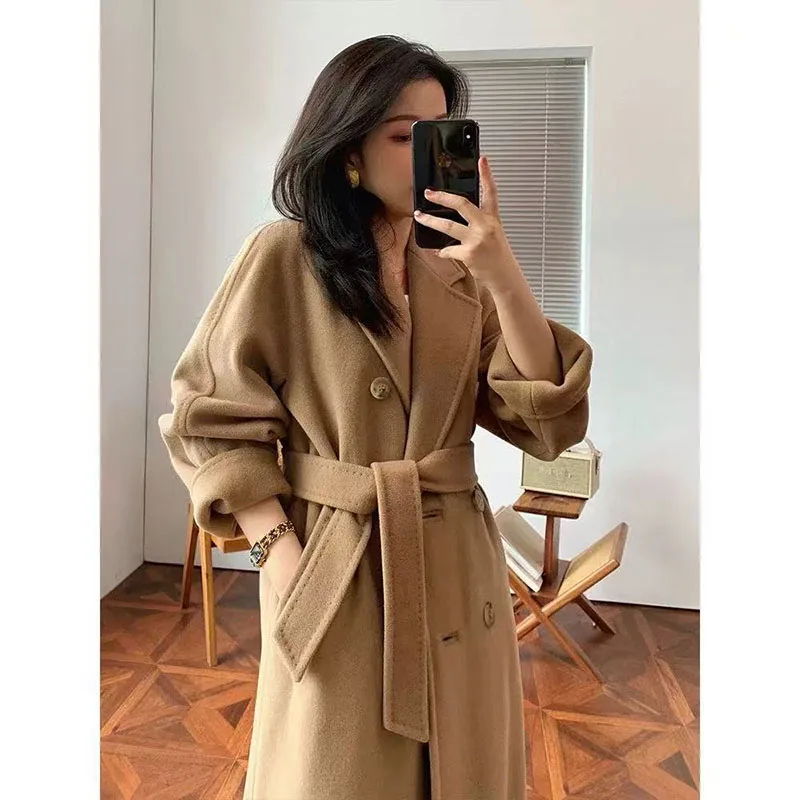 

2025 New Woolen Coat Women's Autumn Winter Knee-Length Overcoat Korean Style Hepburn Medium Length Outerwear for Women