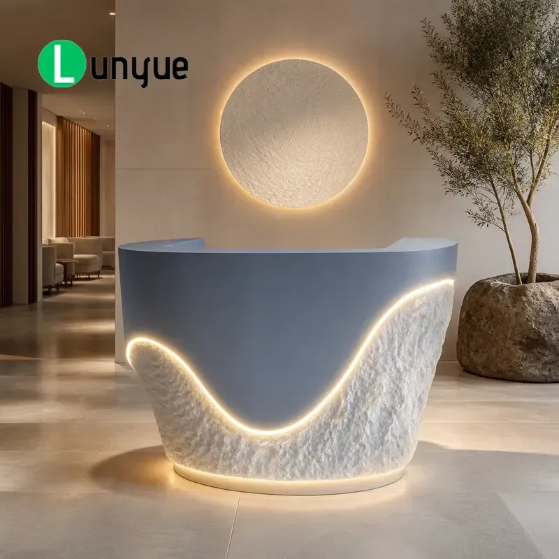 Creative Wavy Arched LED Light White Travertine Style Rock Texture Unique Showroom Lobby Counter Front Service Desk