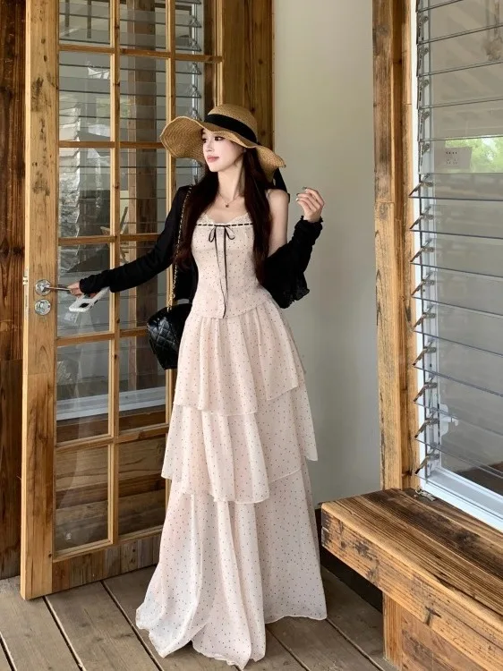 

plus Size Women's Polka Dot Lace Splice Halter Top Skirt Set Summer New Style High Waist Cake Style Skirt Korean Style