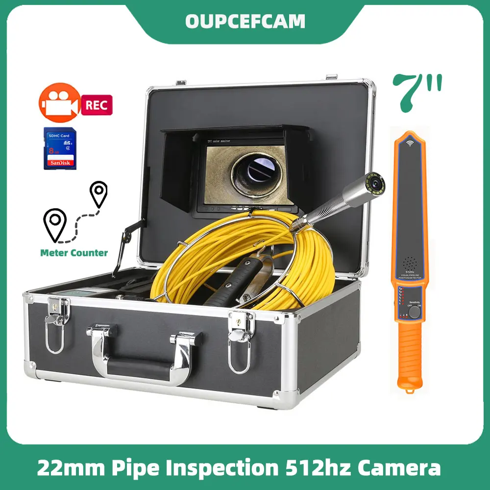 

7" AHD Monitor 512HZ Pipe Locator And DVR 16GB SD Card Sewer Pipe Inspection Endoscope 22mm IP68 Auto Self Leveling 512hz Camera