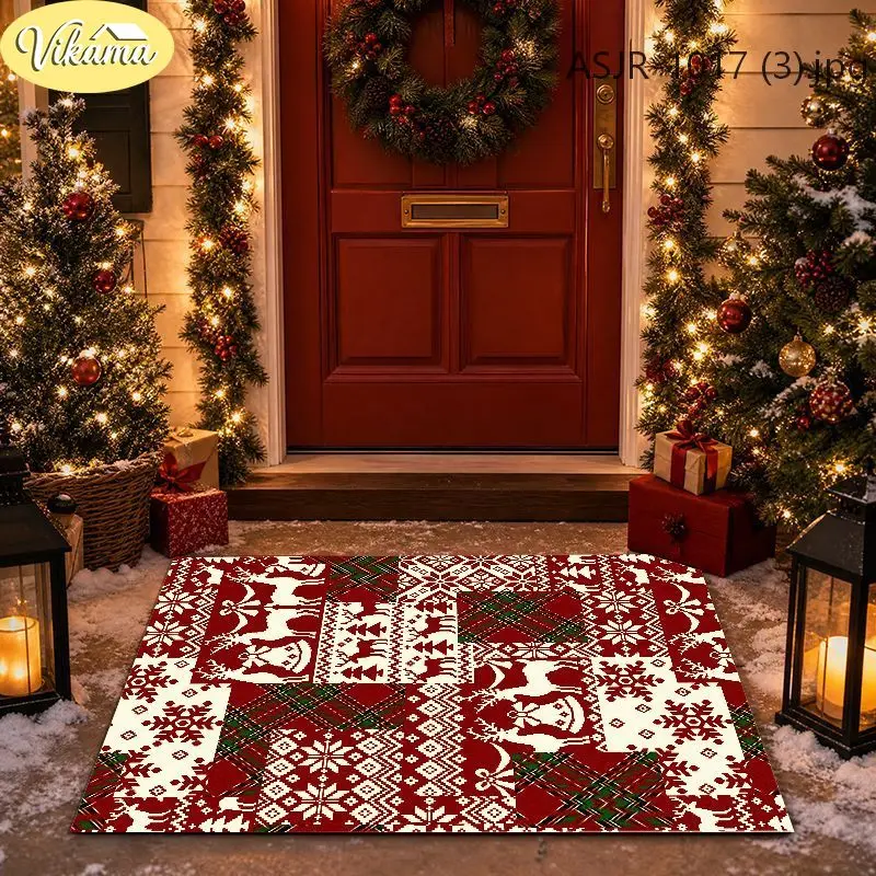 VIKAMA Christmas Large Rug Snowflakes Reindeer Plaid Tree Extra Thick Carpet Rug for Living Room Bedroom Xmas New Year Decor