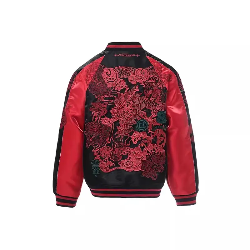 Chinese Style Dragon Paper-Cutting Embroidered Heavy Work Men Boys Streetwear High Street Sukajan Souvenir Jacket