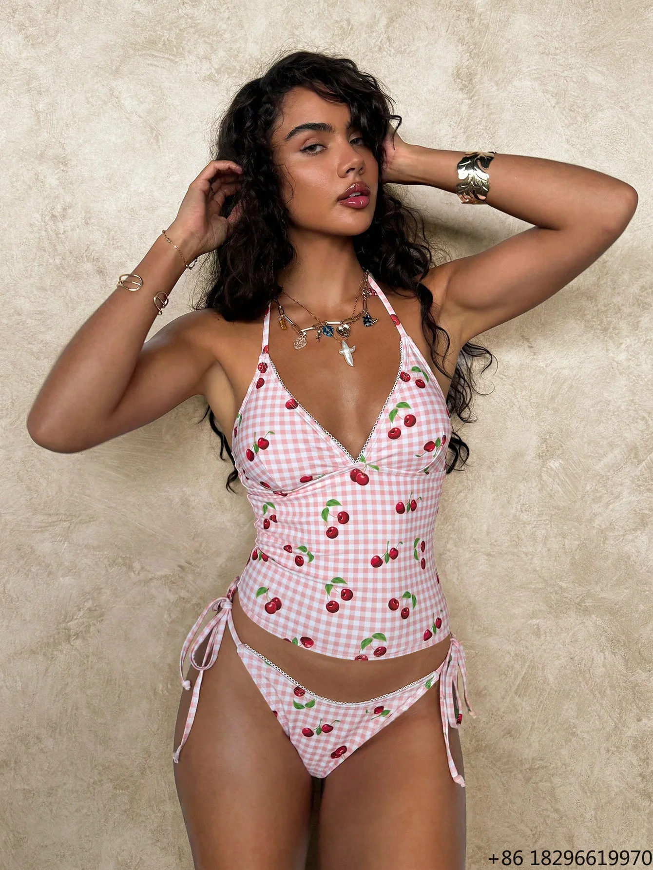 Pink Fruit Print Polyester Stretch Breathable Two Piece Sweet Beach Swimwear