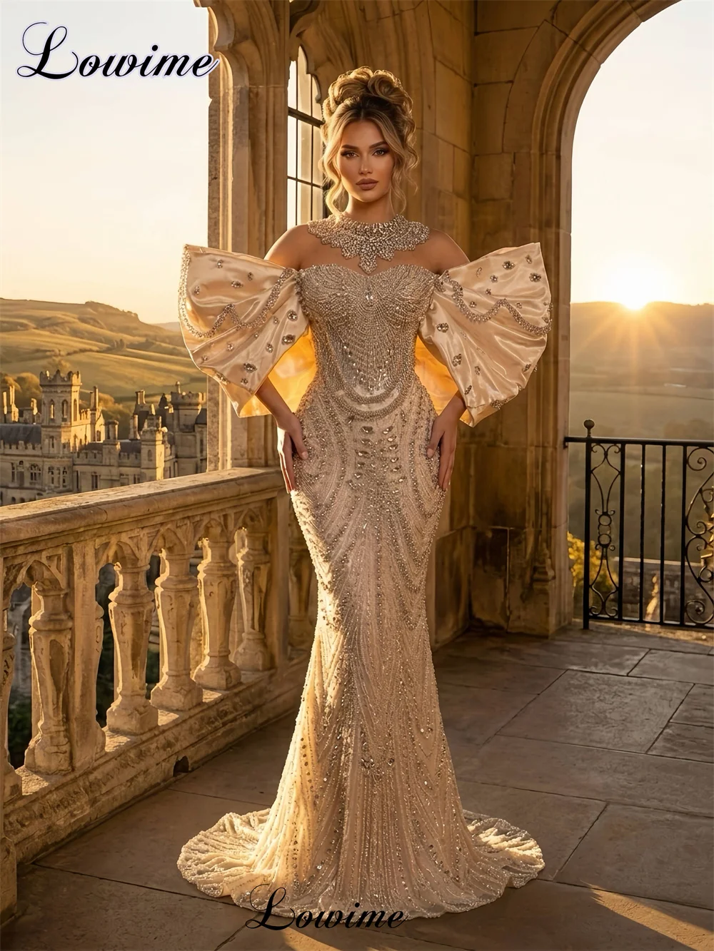Champagnerfarbene, glänzende Kristalle, Promi-Kleider, luxuriöse schulterfreie Abendkleider, Meerjungfrau-Partykleider, Vestidos De Gala, individuell gestaltet