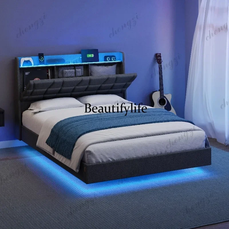 PPP VASAGLE Full Bed Frame with Charging Station Tufted Storage Headboard Full Size Floating Bed Frame with LED Lights