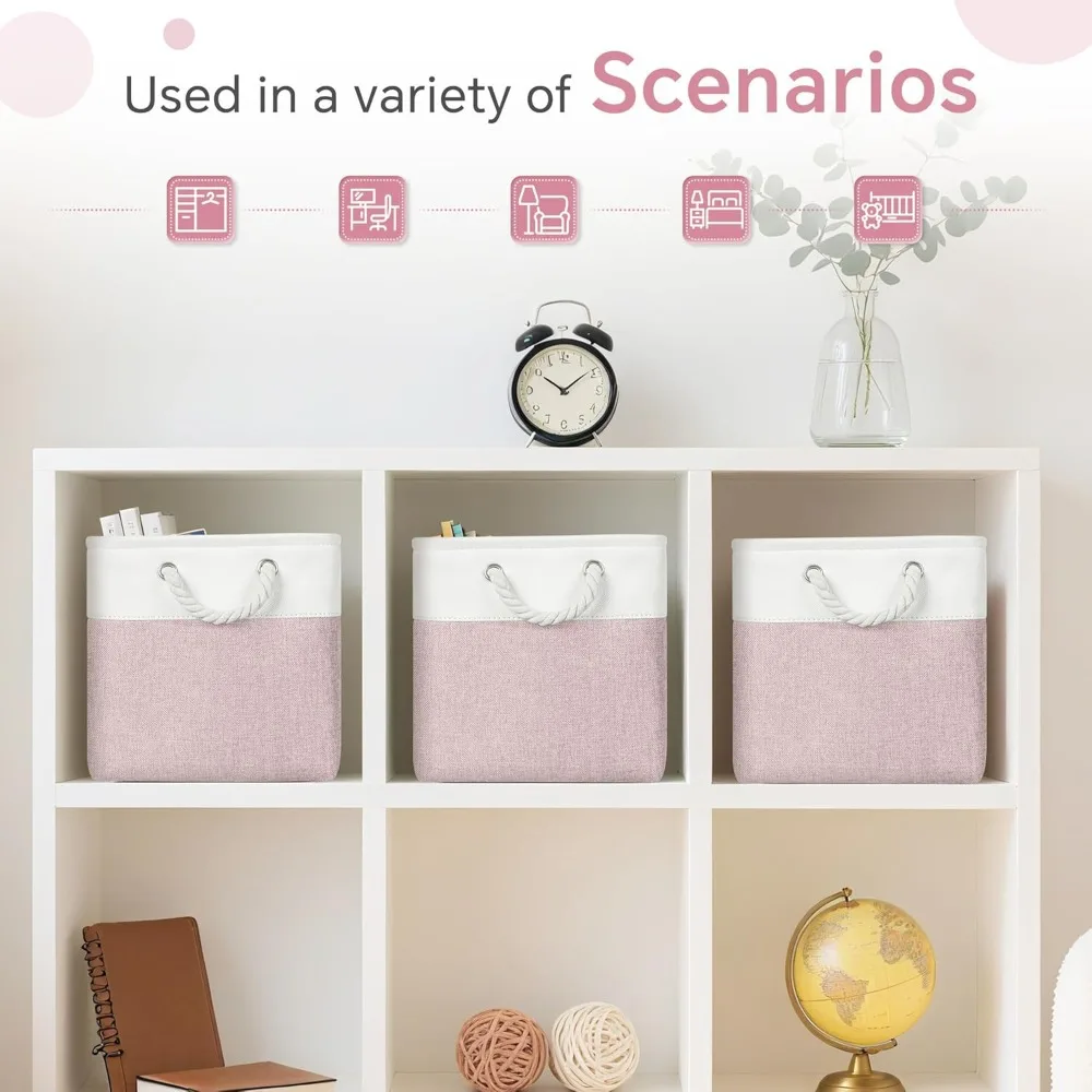 مجموعة من 6 مكعبات تخزين مقاس 11 × 11 بوصة مع مقابض قطنية لتنظيم الملابس والألعاب والمزيد باللون الأبيض والوردي