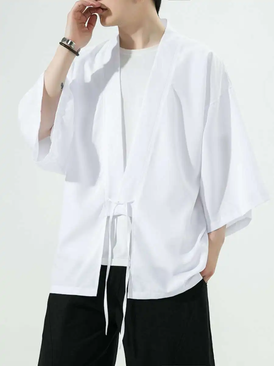 

Summer Men's Loose Fit Sleeveless Kimono Style Sun Protection Clothing Seven-Quarter Length Cotton Ethnic Fashionwear