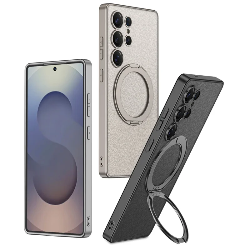 

Luxury Leather Stand Phone Case For Samsung Galaxy S25 Ultra Metal Rotating Bracket Anti Fall Protection Back Cover