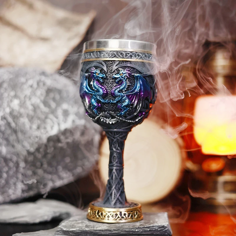 Vintage Gothic Double Dragon Goblet Cup Wine Glass Medieval Chalice Stainless Steel Resin Home Bar Party Decor Collectible Gift