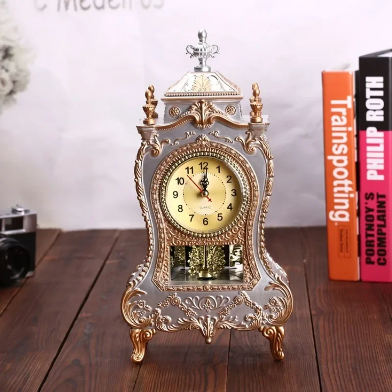 European Style Desk Clock Antique Desk Clock Living Room Decoration Clock Mute Sweep Second Watch Music Timekeeping