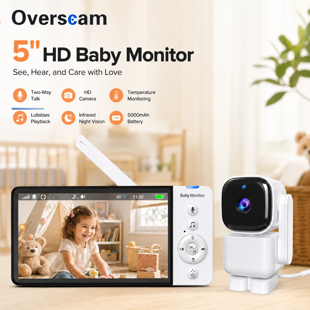 5.0 Inch Video Baby Monitor PTZ Camera 5000mAh Battery APP Control 2-Way Audio Night Vision VOX Mode Smart Baby Security Camera