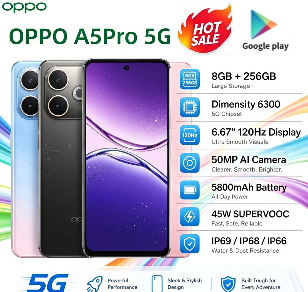 2026 Newest OPPO A5Pro Global Unlocked Dual‑SIM Cell Phone 8GB+256GB Storage 6.5'' HD+ Waterdrop Display Helio P35 Octa‑Core