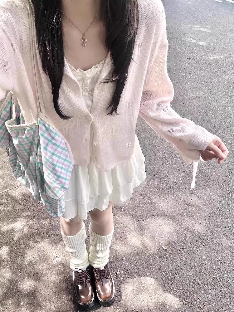 

Korean Sle Sweet Soft Hollow Knitted Cardigan Women's Spring Summer New Gentle Pink Outerwear Top Small Outer Cover irt