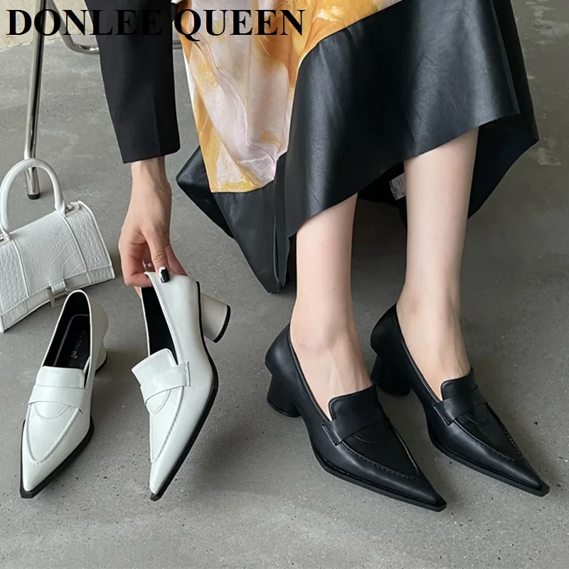 2022 Autumn Thick Heels Shoes Women Brand Vintage British Style Pointed Toe Retro Pumps Shallow Casual Shoes Zapatillas De Mujer