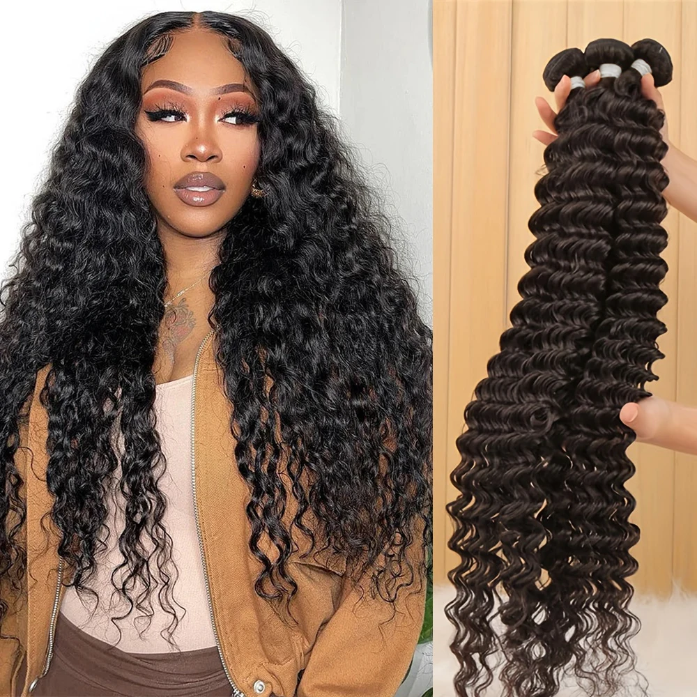 

14A 32 Inch 100% Human Hair Curly Bundles Unprocessde Brazilian Original Hair Extension Natural Black Deep Wave Bundles 100g/Pcs