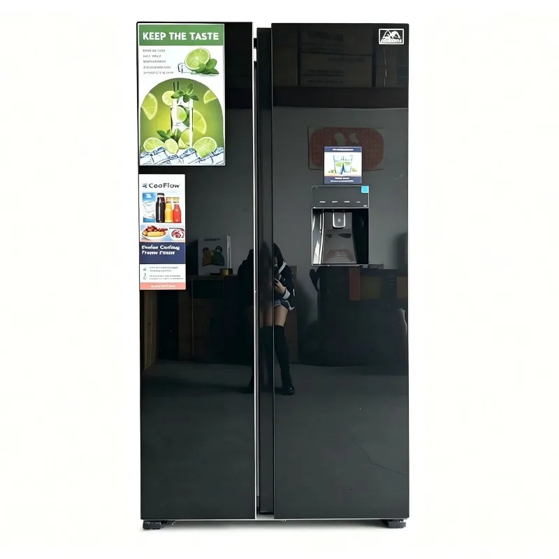 Opposite door with water dispenser, black tempered glass refrigerator, air-cooled and frost-free