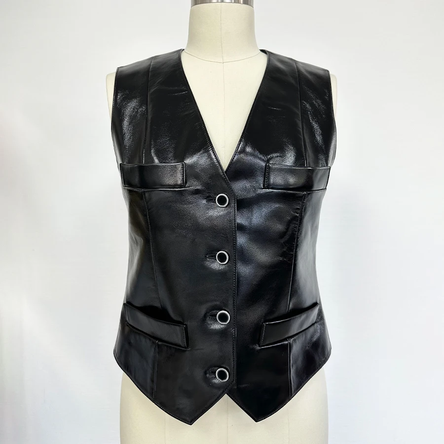 

NIGO Women's Spring/Autumn High Street V-neck Solid Color Sheepskin Sleeveless Single-breasted Vest Fitted Waistcoat #hz1112