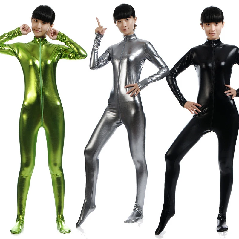 Vrouwen Glanzend Metallic Spandex Zentai Strakke Pak Voorkant Rits Bodysuit Kid Volwassen Maat Mannen Halloween Carnaval Latex Catsuit