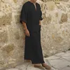 2023 New Men Jubba Thobe Kaftan Muslim Arab Islamic V-neck Short Sleeve Solid Cotton Linen Robes Muslim Fashion Arabia Man abaya