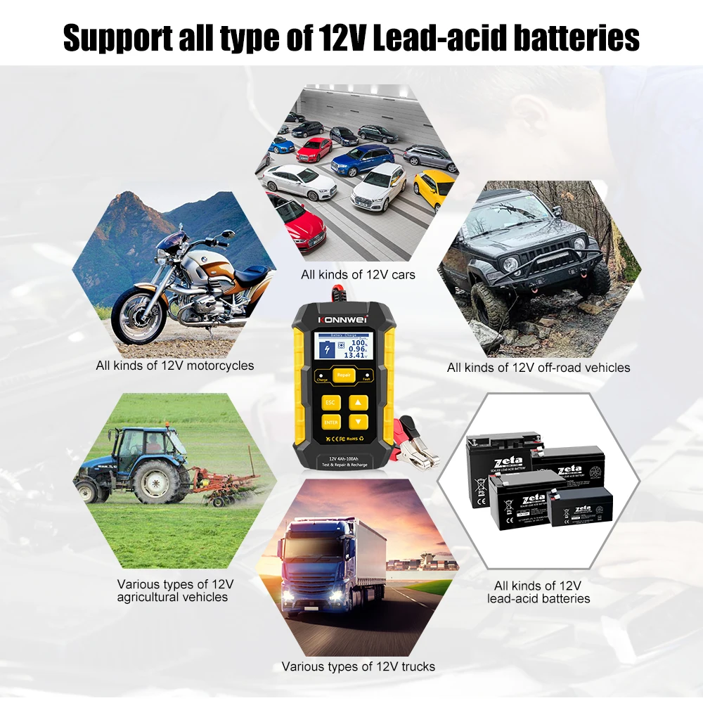 KONNWEI KW510 Full Automatic 12V Car Battery Tester Pulse Repair 5A Battery Chargers Wet Dry AGM Gel Lead Acid Car Repair Tool