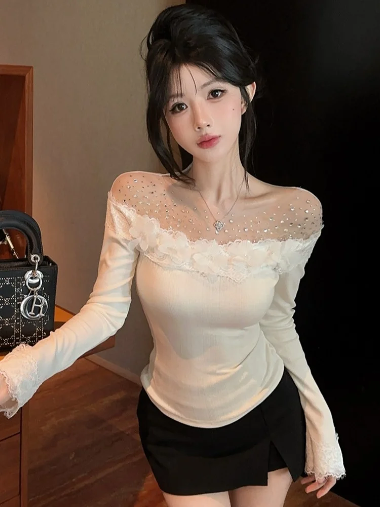 

Korean Style Long Sleeve T-Shirt Lace Patchwork Slim Fit Base Shirt Mesh Diamond Heat Transfer Spring Autumn New Style Women'...