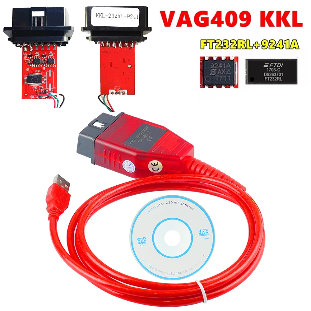 2024 VAG 409.1 KKL 409 FTDI FT232RL Real 9241A K line OBD 2 OBD2 Car Diagnostic Tools Interface Cable For VW/Audi/Skoda/Seat